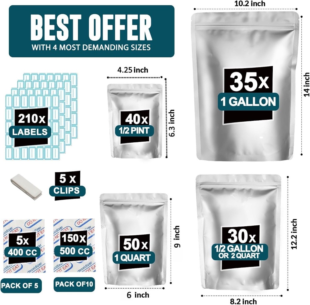 155 Mylar Bags with 155 Oxygen - Food Storage Long Term recension och pris